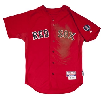 2013 Dustin Pedroia Game Worn Boston Red Sox Red Alternate Jersey With Boston Strong Patch - World Champions Season (MLB Authenticated - PHOTO MATCHED)